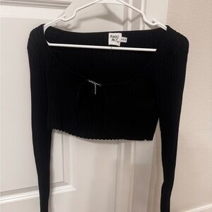 Princess Polly Black Ribbed Long Sleeve Crop Top with Chain Accent